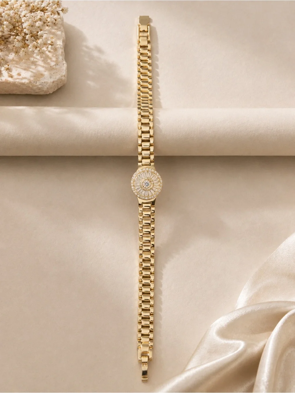 14K Gold Filled Bar Link Chain Bracelet, Round White Pavé Crystal Center. 6-8”